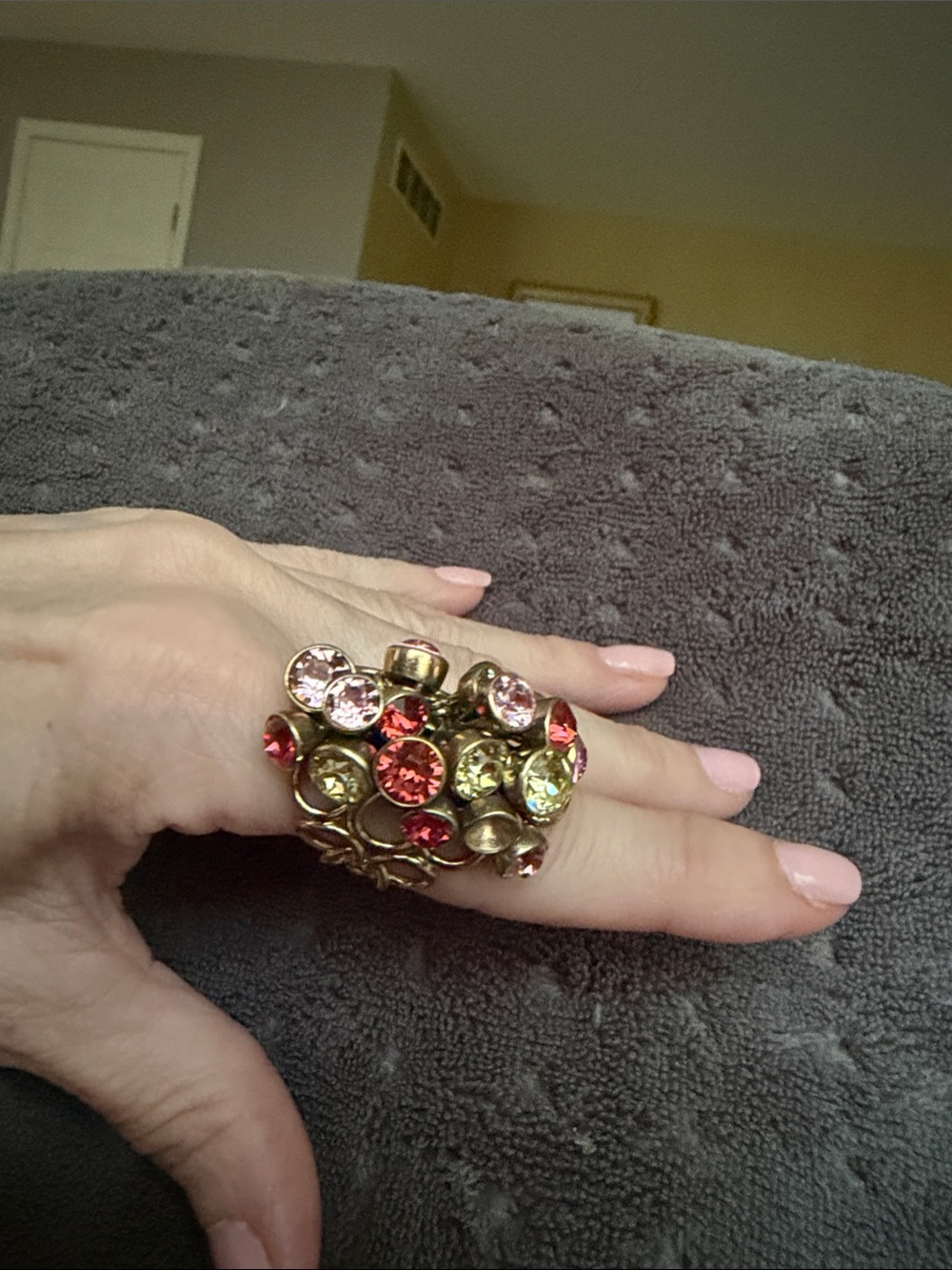 Designer Gold-Tone Cocktail Ring with Pink, Red and Yellow Crystals In Motion